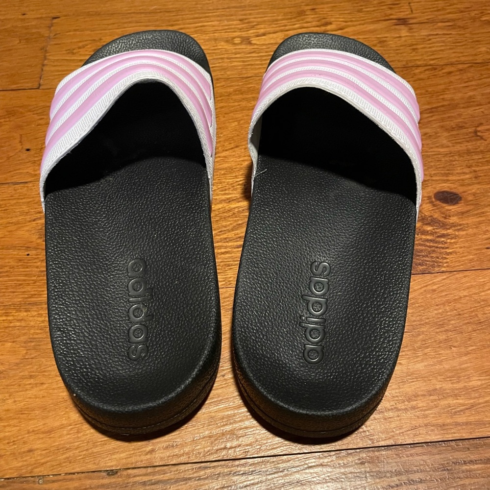 Adidas Black Slides with Pink Striped Straps
